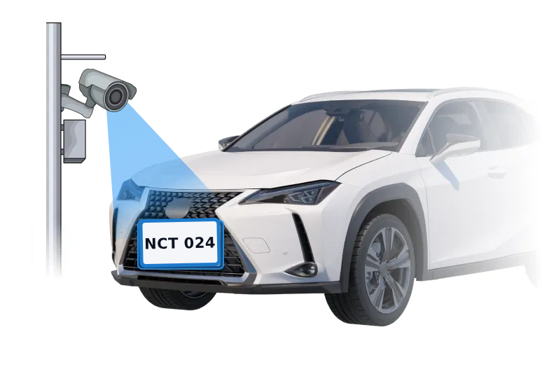 A pole-mounted camera reading the front plate of a car arriving at a lane